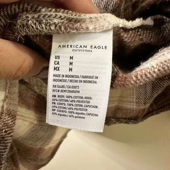 Y2K American Eagle Outfitters Flannel Plaid Button Up Hoodie Shirt Brown White M - Picture 4 of 8